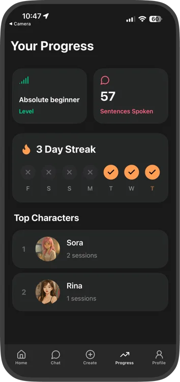 Progress tracking screen inside Chatomo